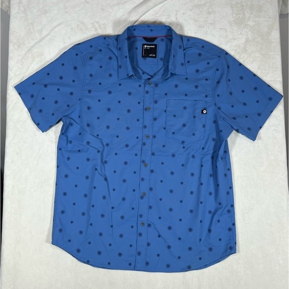 Marmot XL Short Sleeve Blue Sunburst Geometric Performance Tactical Shirt C23 - Picture 1 of 11